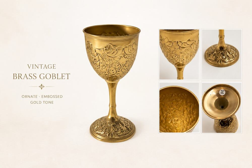 Vintage Brass Goblet Made in India Embossed Floral Chalice Decor